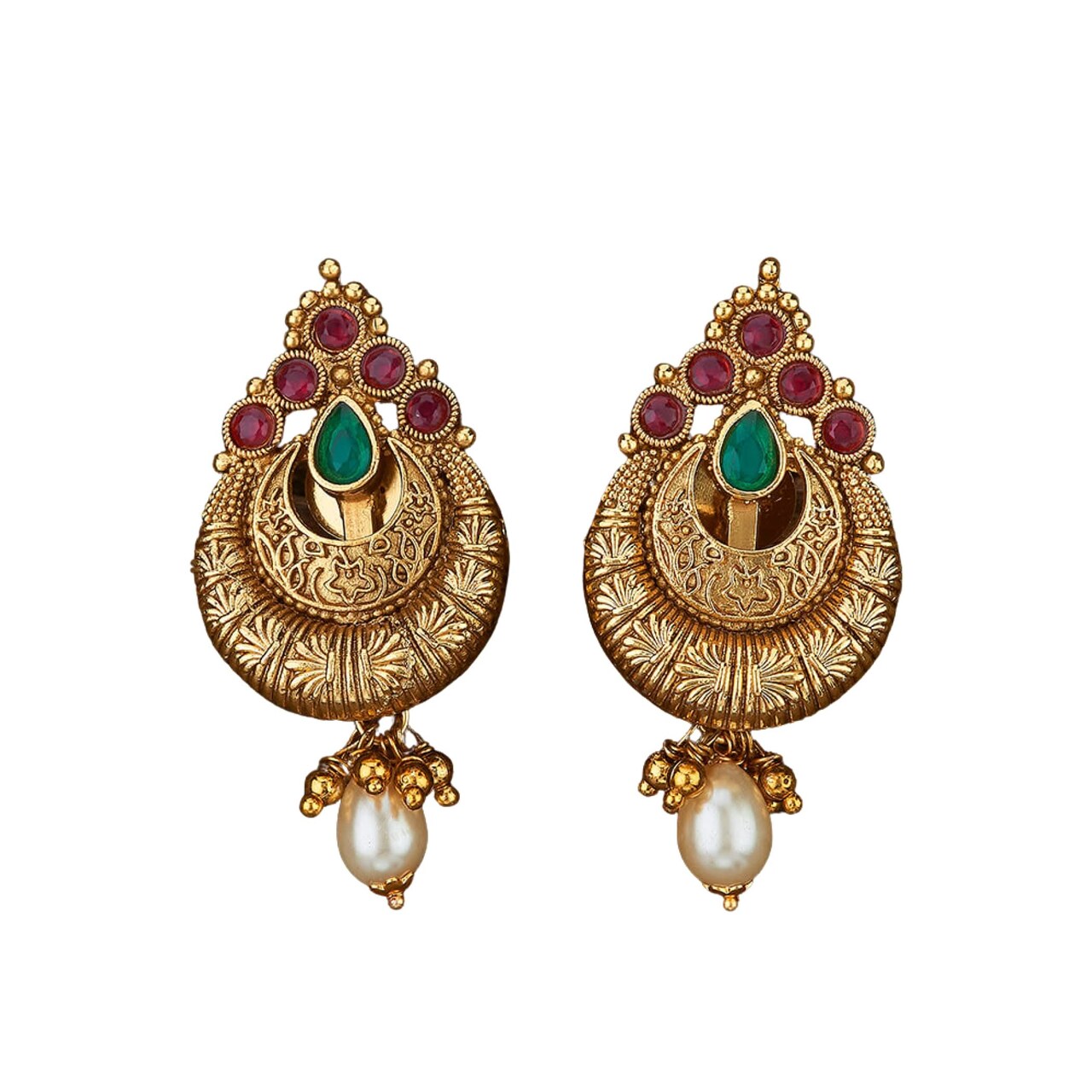 Indian Ethnic Earrings for Women - Traditional South Indian Stud Earrings Gold Plated Vibhati Jhumkas Faux Kundan Dangle Drop Earrings in Gold Tone Ear Jewelry for Bride | Gift for Her